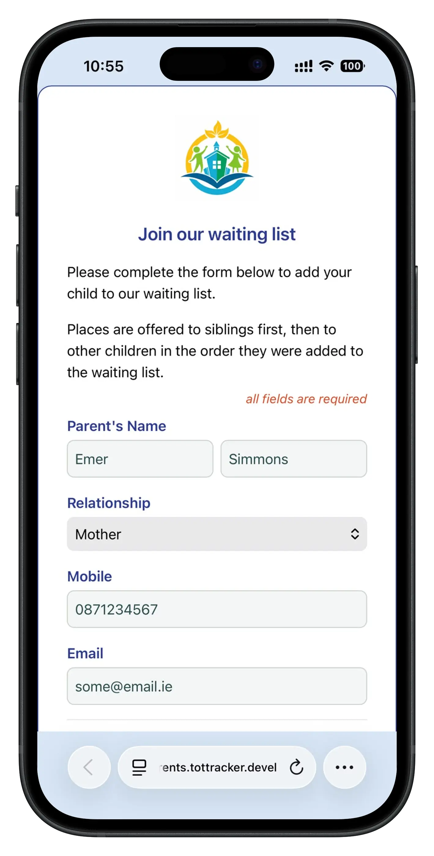 Parent-facing waiting list form: parent's own details