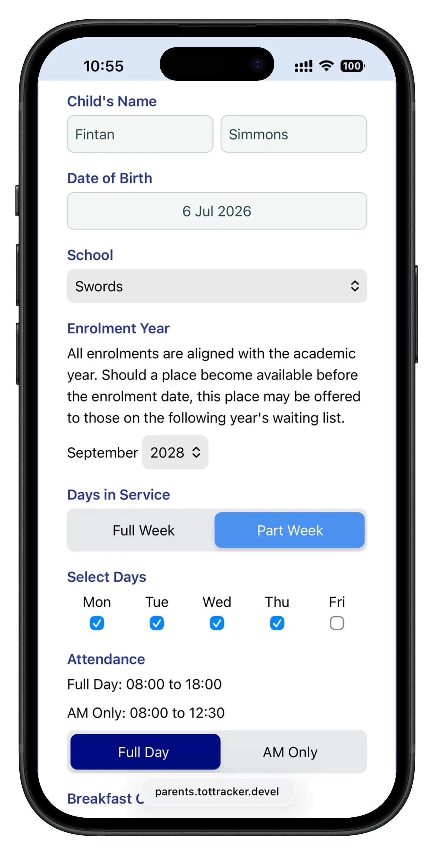 Parent-facing waiting list form: child's details, enrolment year and days
