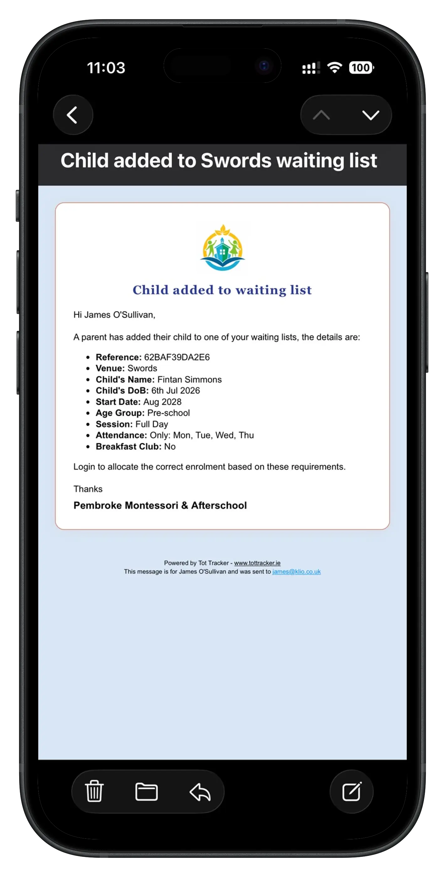 Staff notification email when a parent joins the waiting list