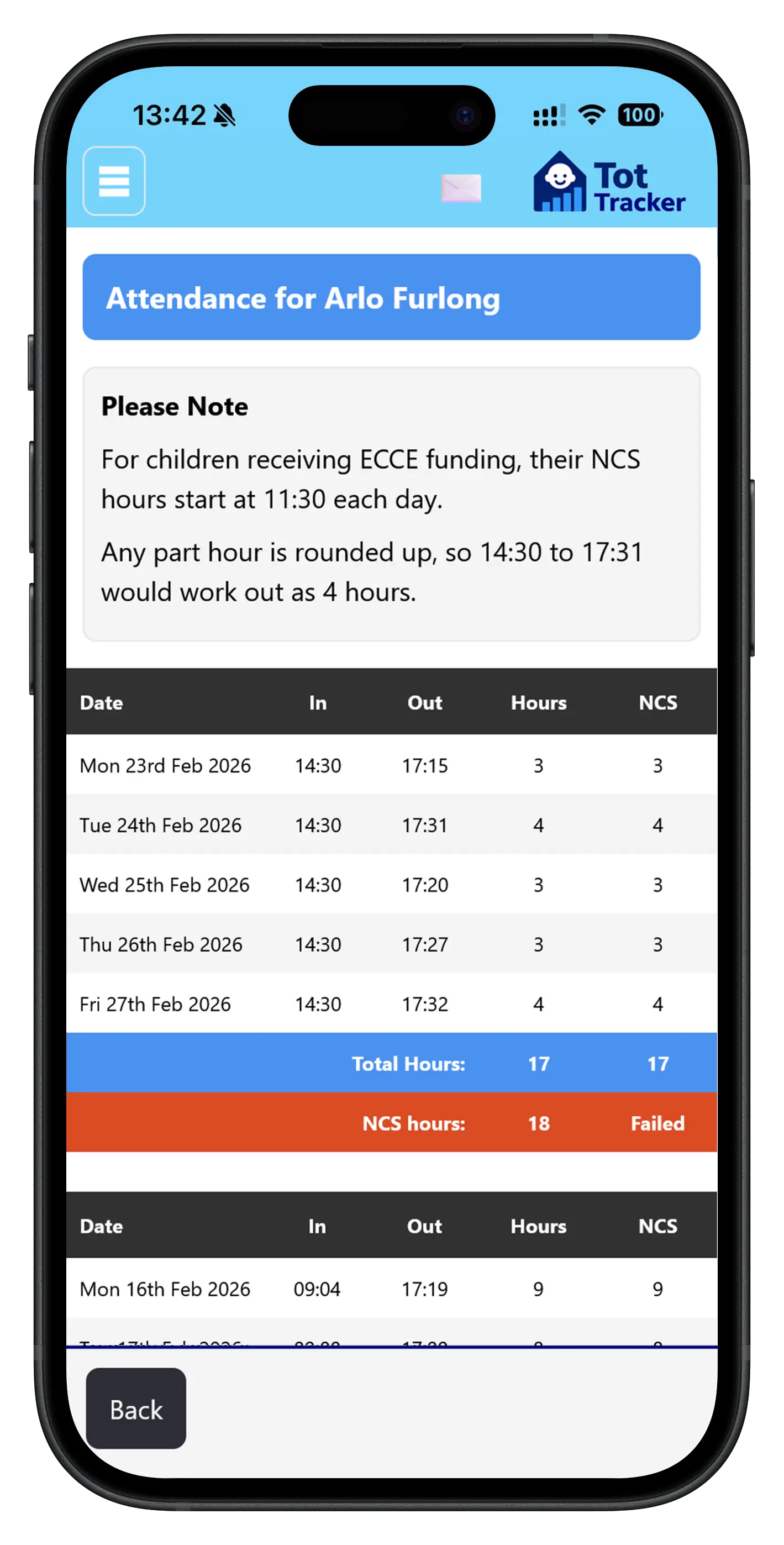 Parent app attendance view showing their child's weekly hours and NCS hours breakdown