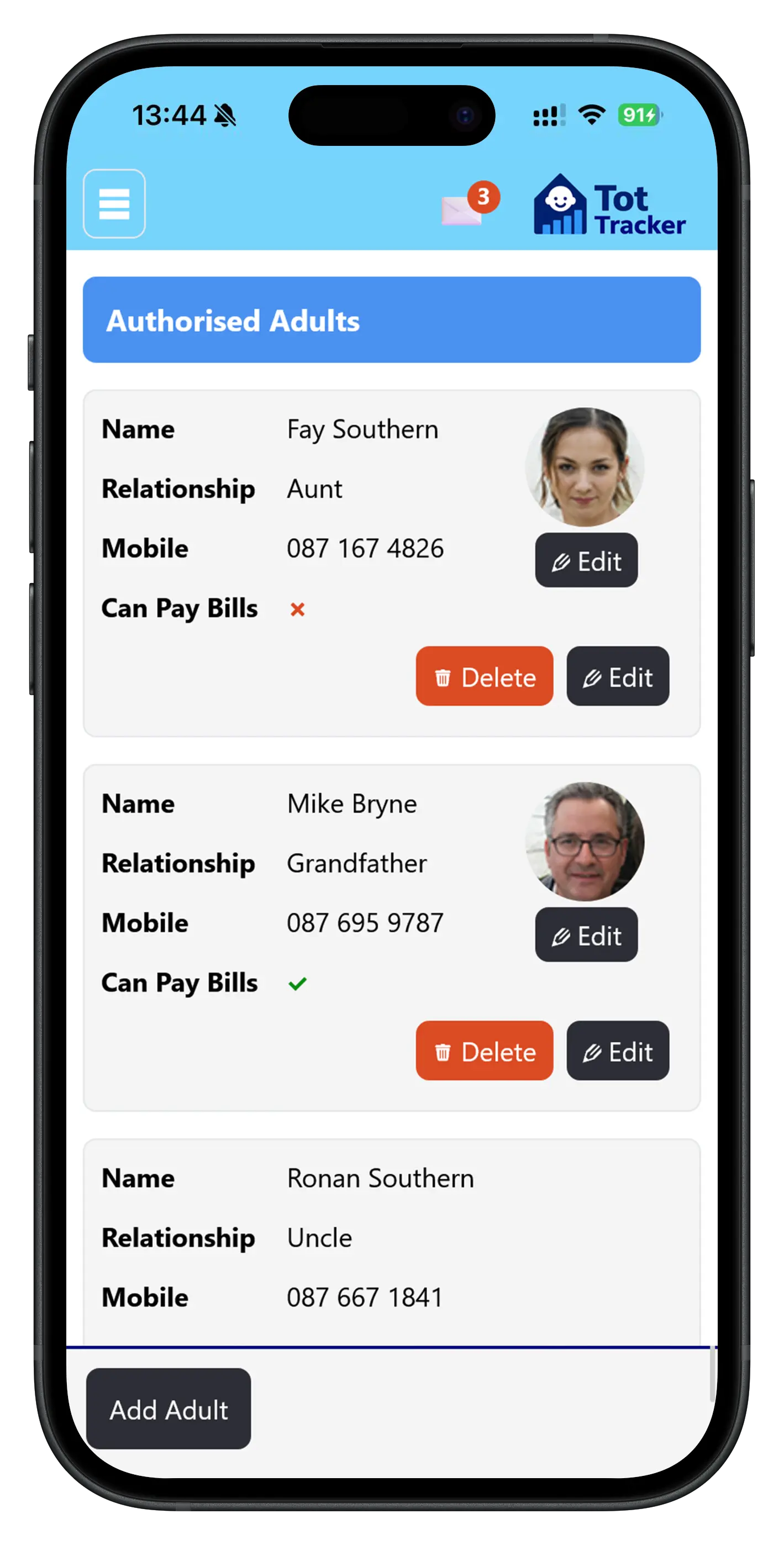 Parent app screen for managing authorised collectors with photo identification