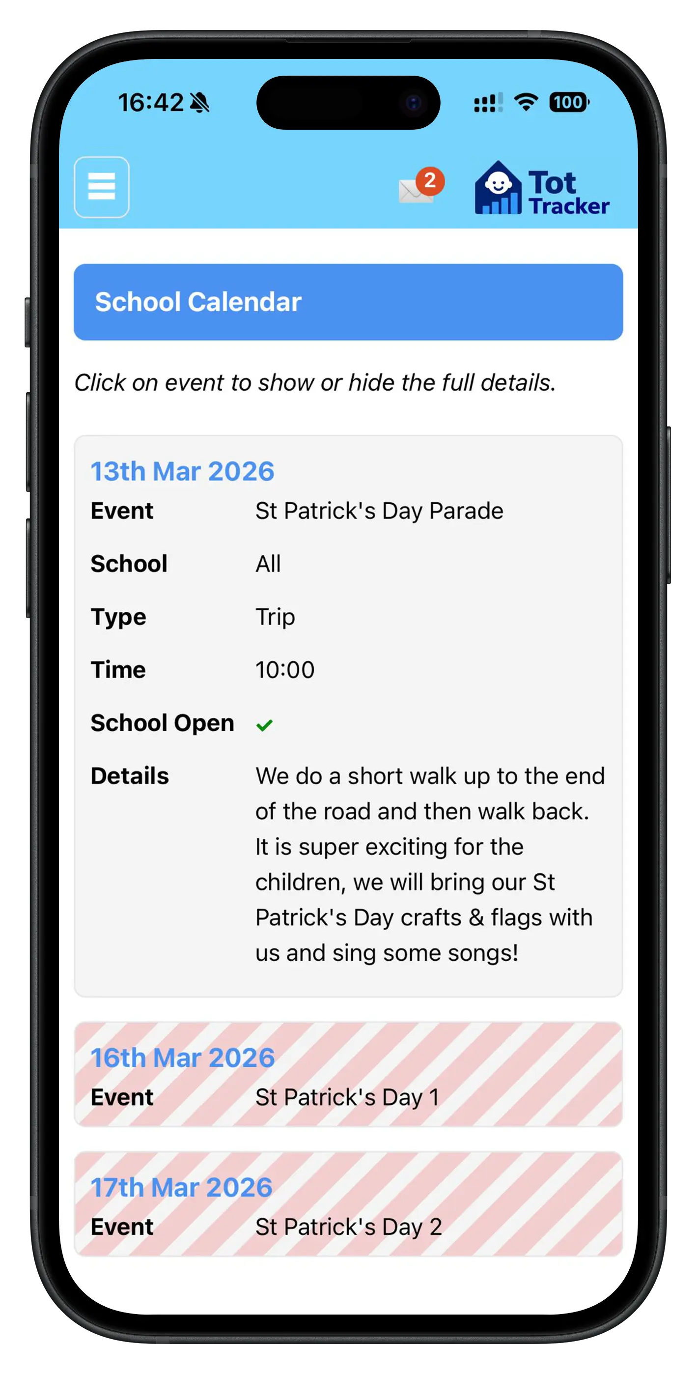 Parent app calendar view showing upcoming school dates, holidays and events