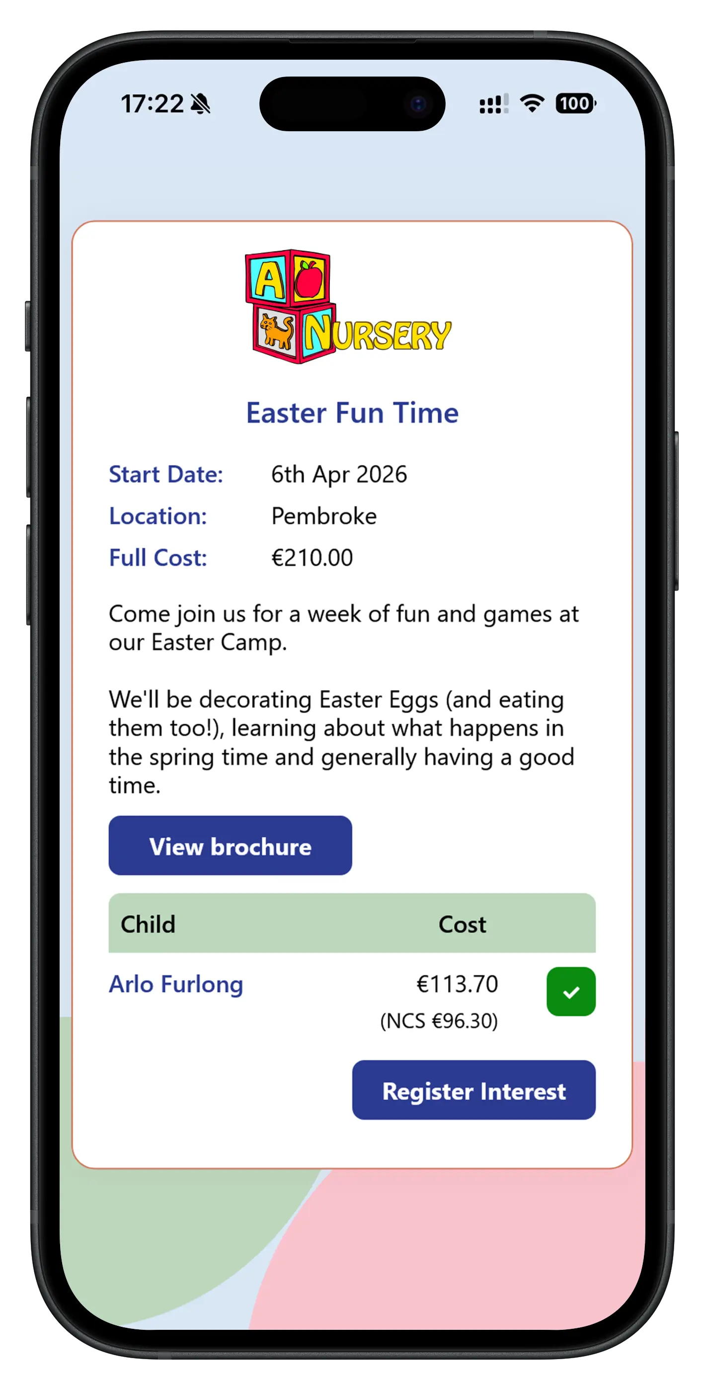 Parent app showing holiday camp invitation with option to request a space for their child