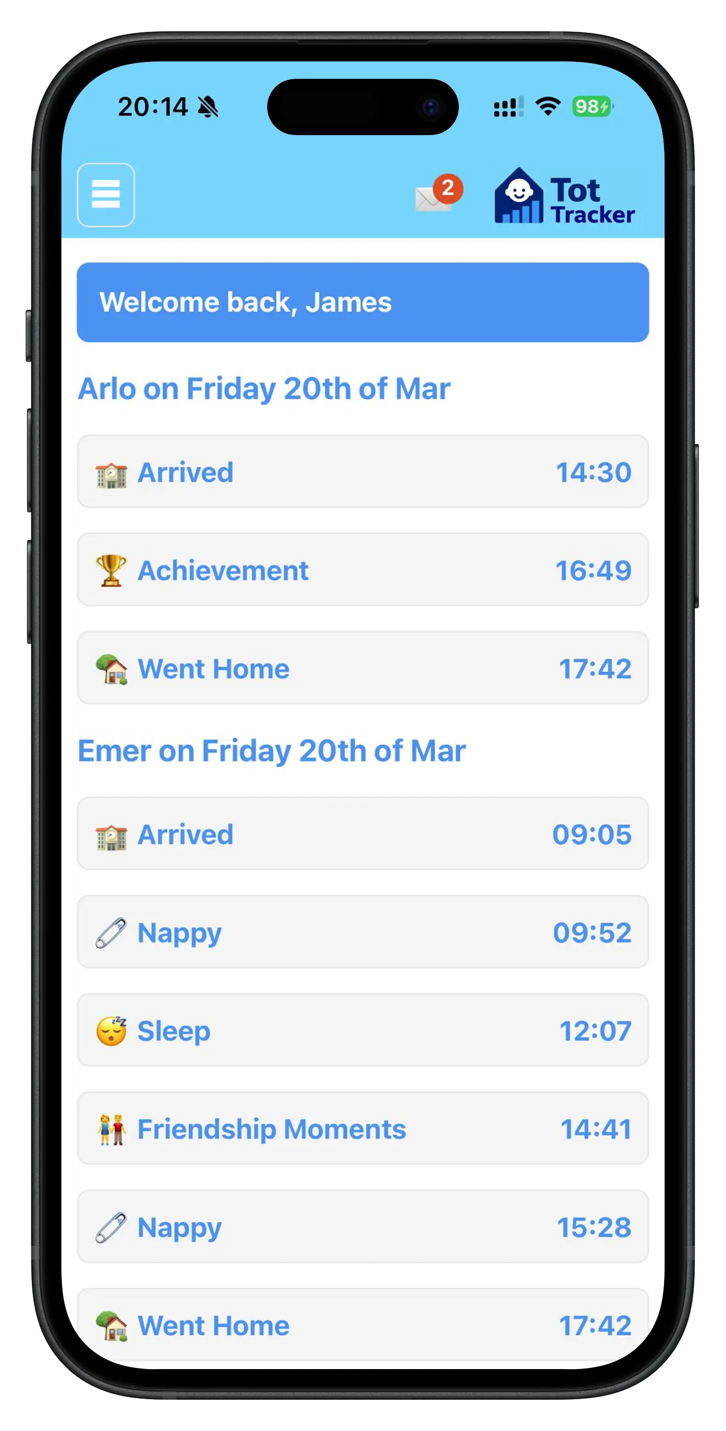 Parent app home screen with quick access to child updates, calendar and notifications