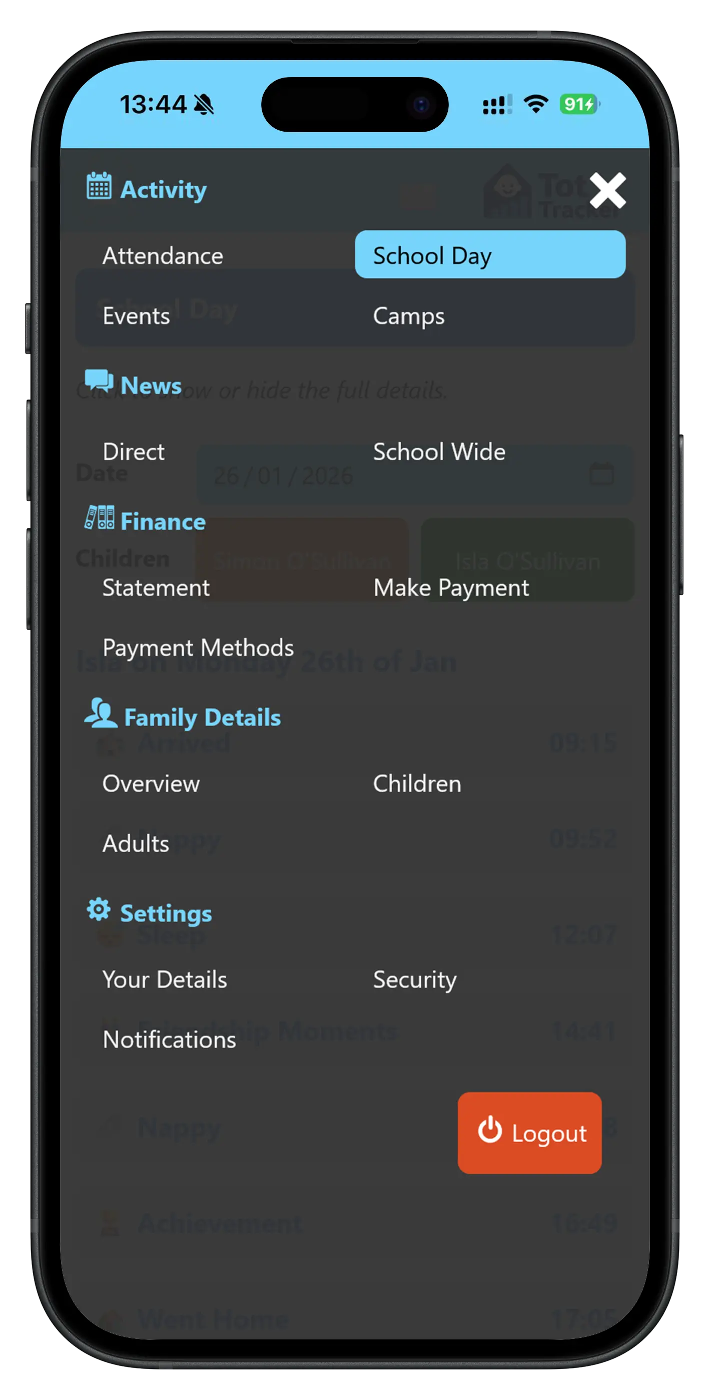 Tot Tracker parent app main menu showing communication, invoices and school day features for Irish childcare
