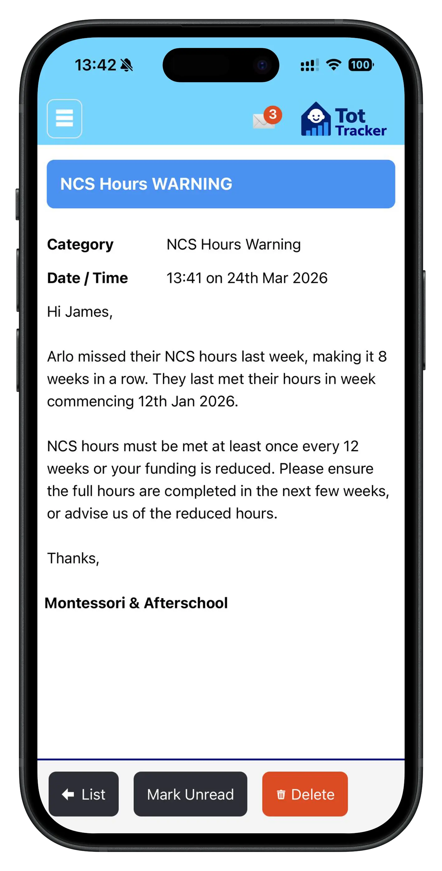 Parent app notification warning that their child is at risk of missing NCS hours requirements