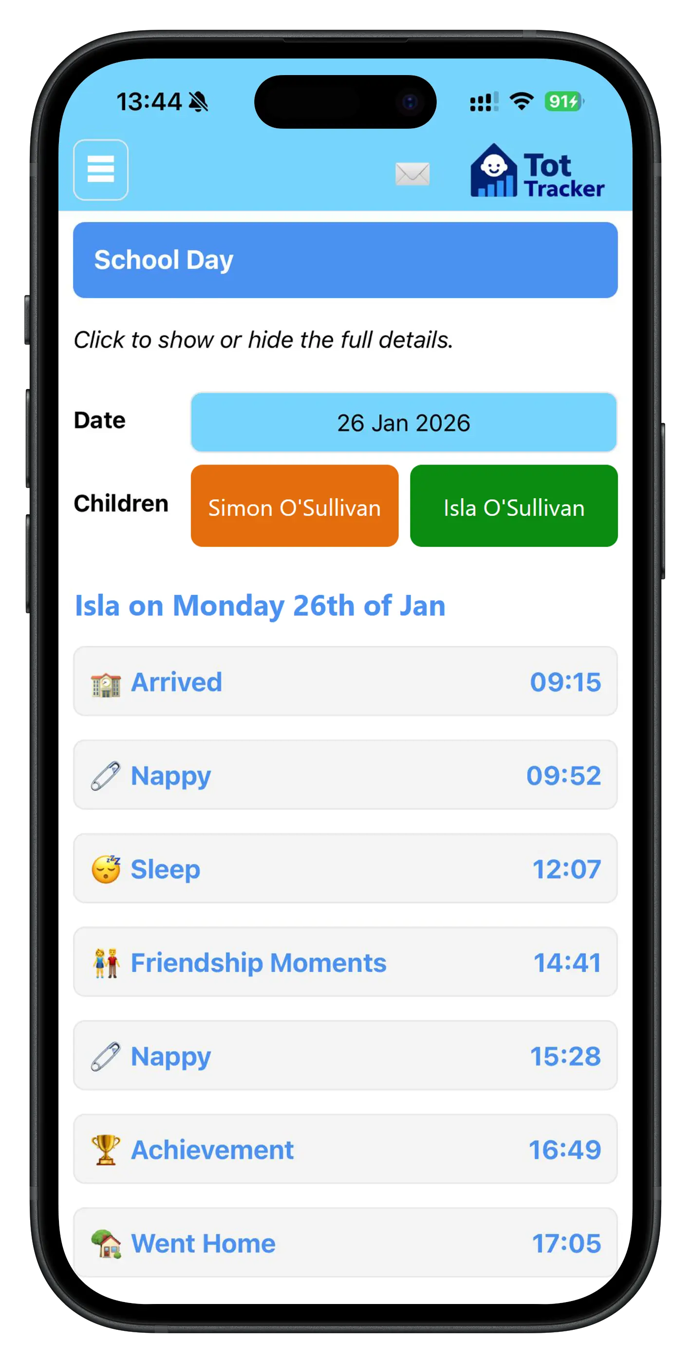 Parent app school day view showing nappy changes, sleep times and meal information for their child