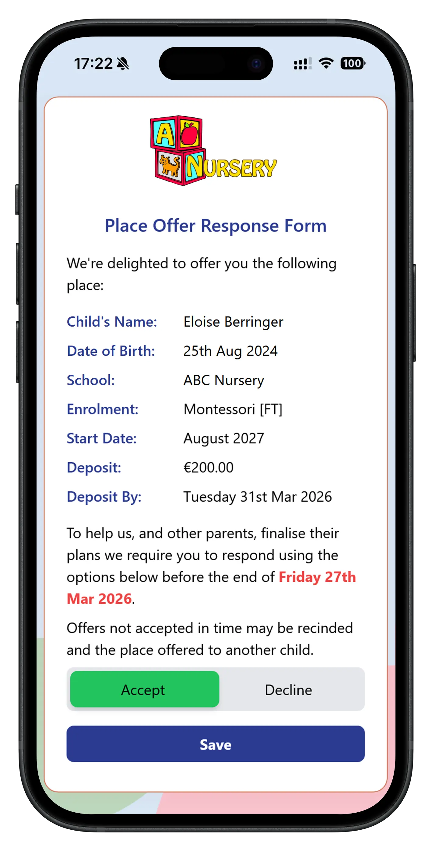 Parent app showing place offer notification with accept and decline options