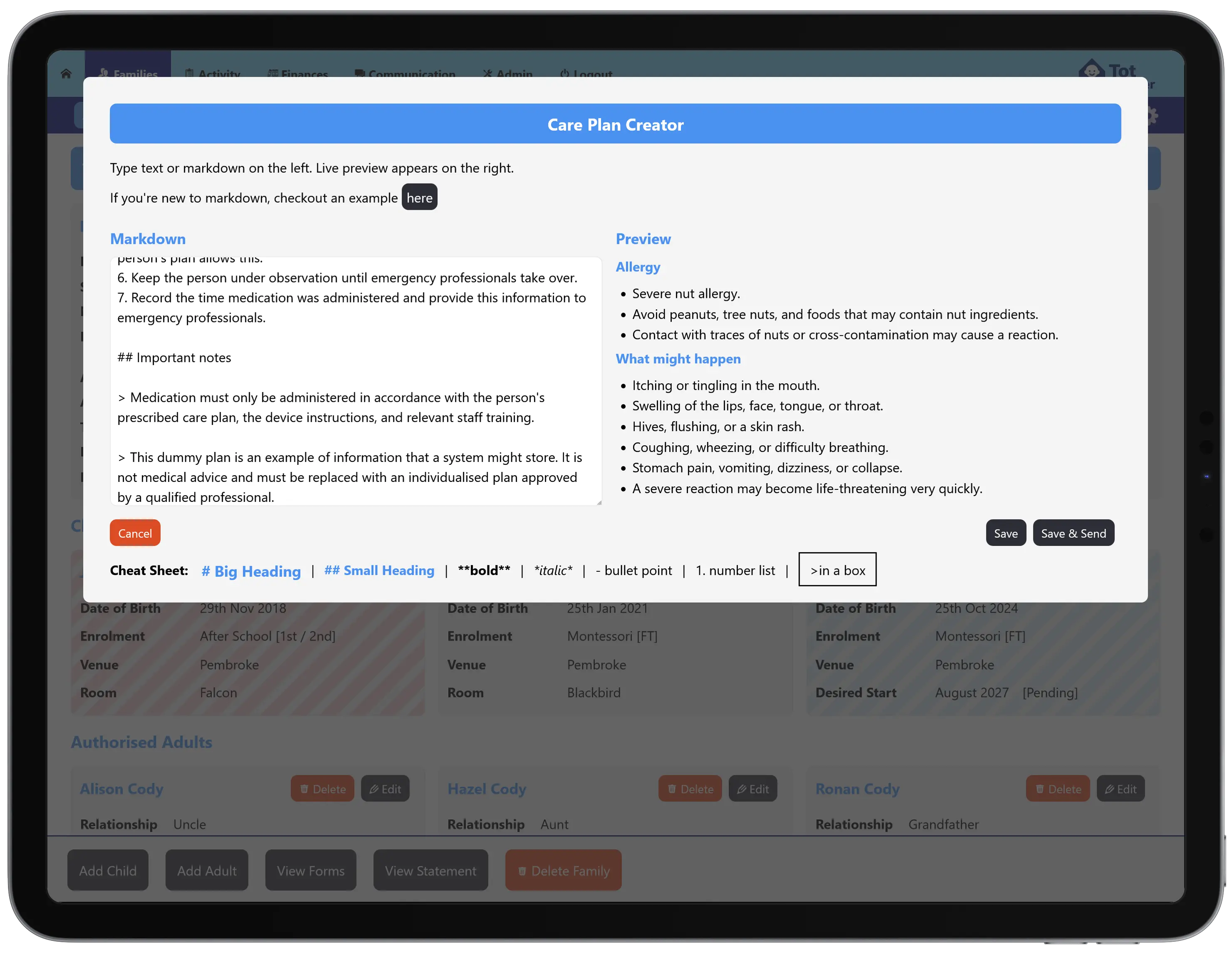 Care Plan Creator showing a markdown editor and live preview of an allergy care plan