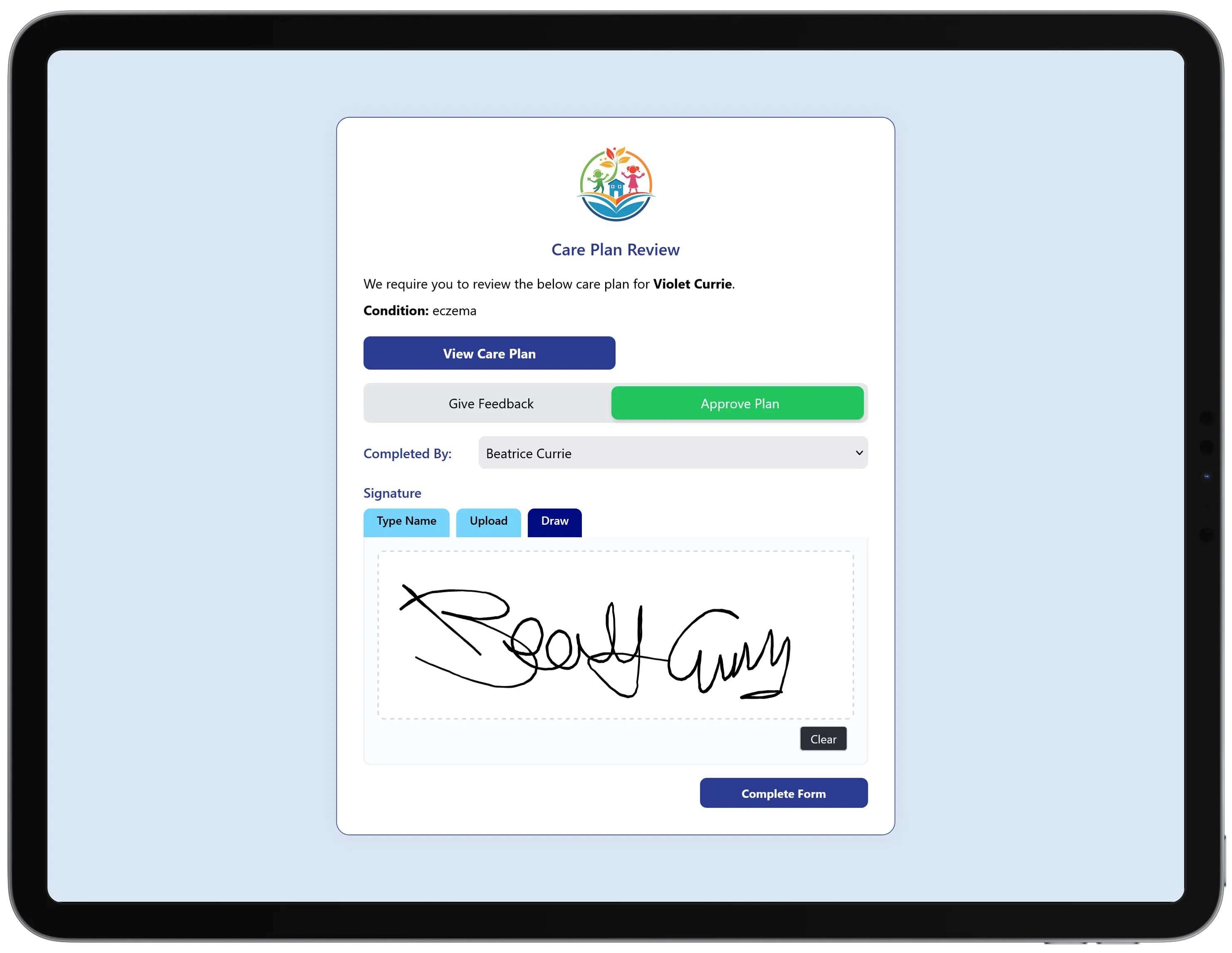 Parent app screen for reviewing, approving and signing a child's care plan
