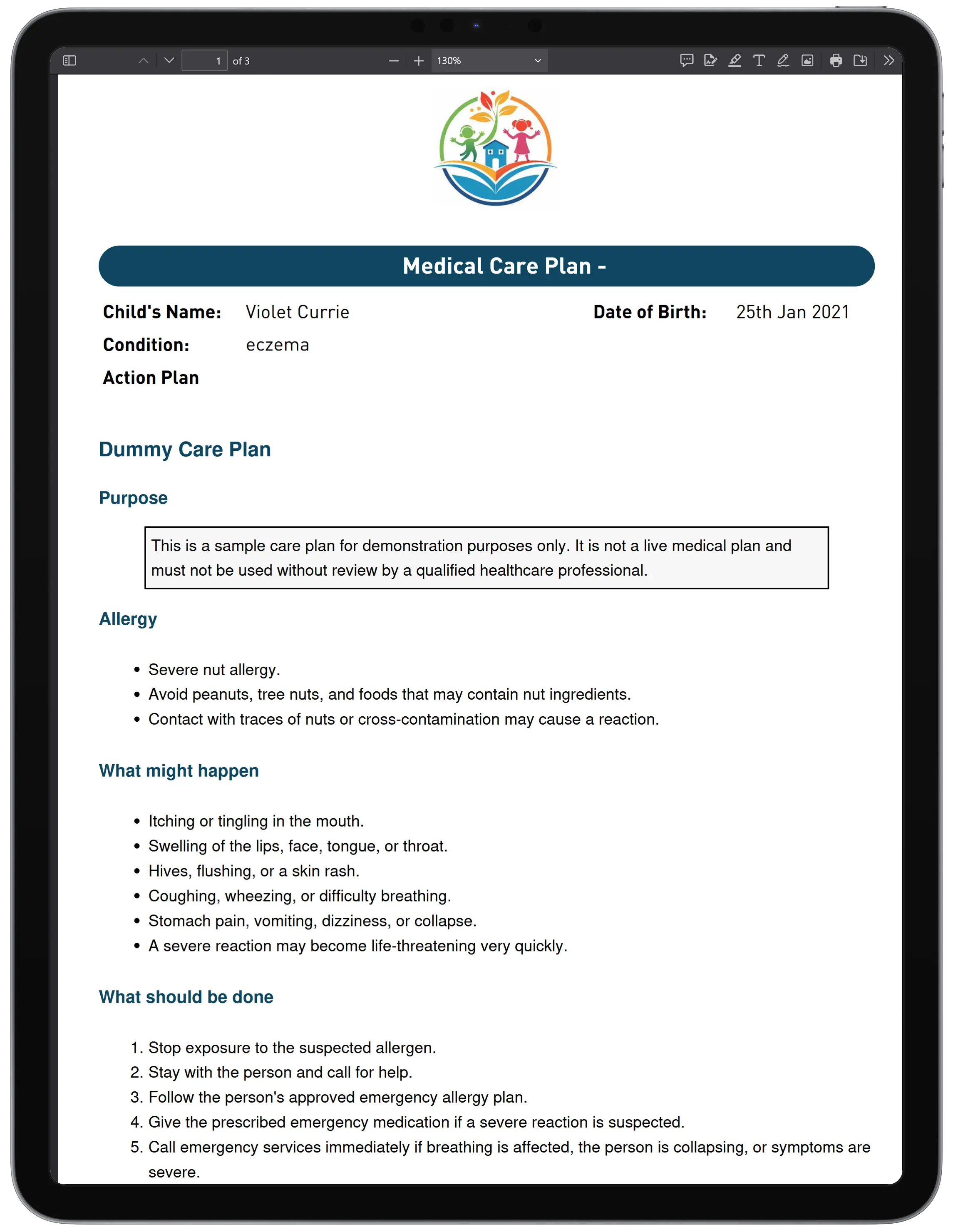 Exported medical care plan PDF showing the child's allergy details and action plan
