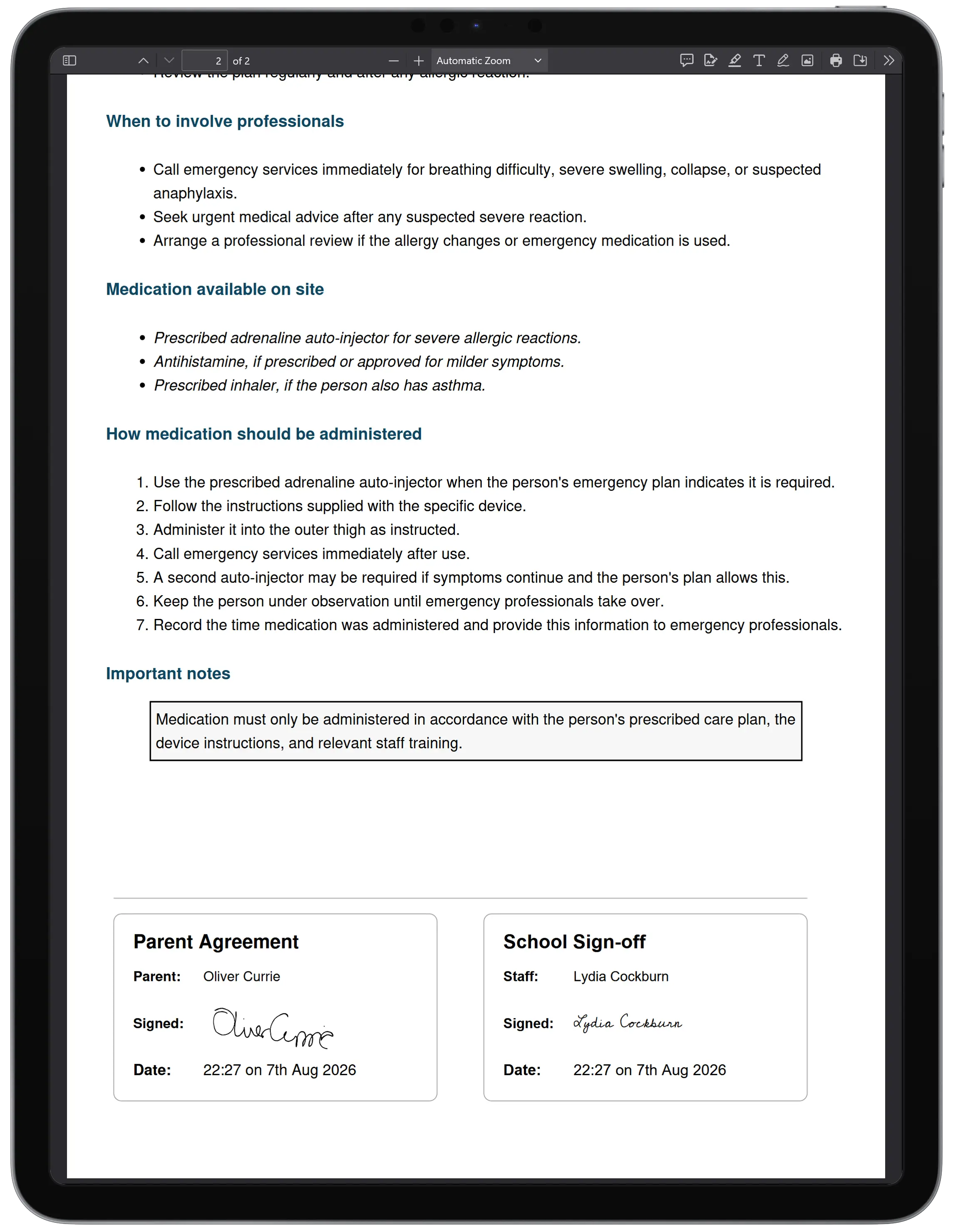 Exported care plan PDF showing medication instructions with parent and staff signatures