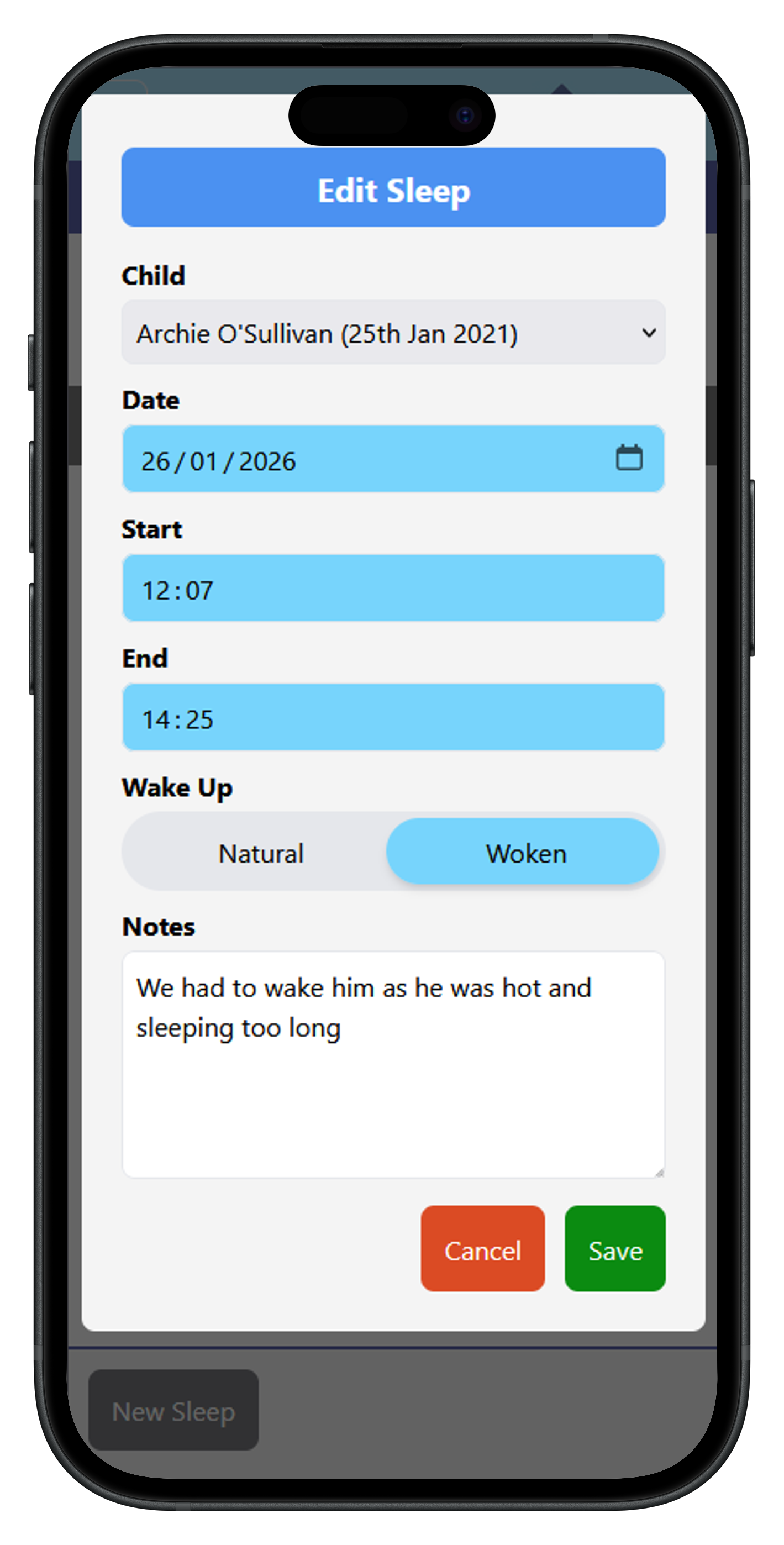 Staff sleep tracking screen showing nap start and end times for children in an Irish creche