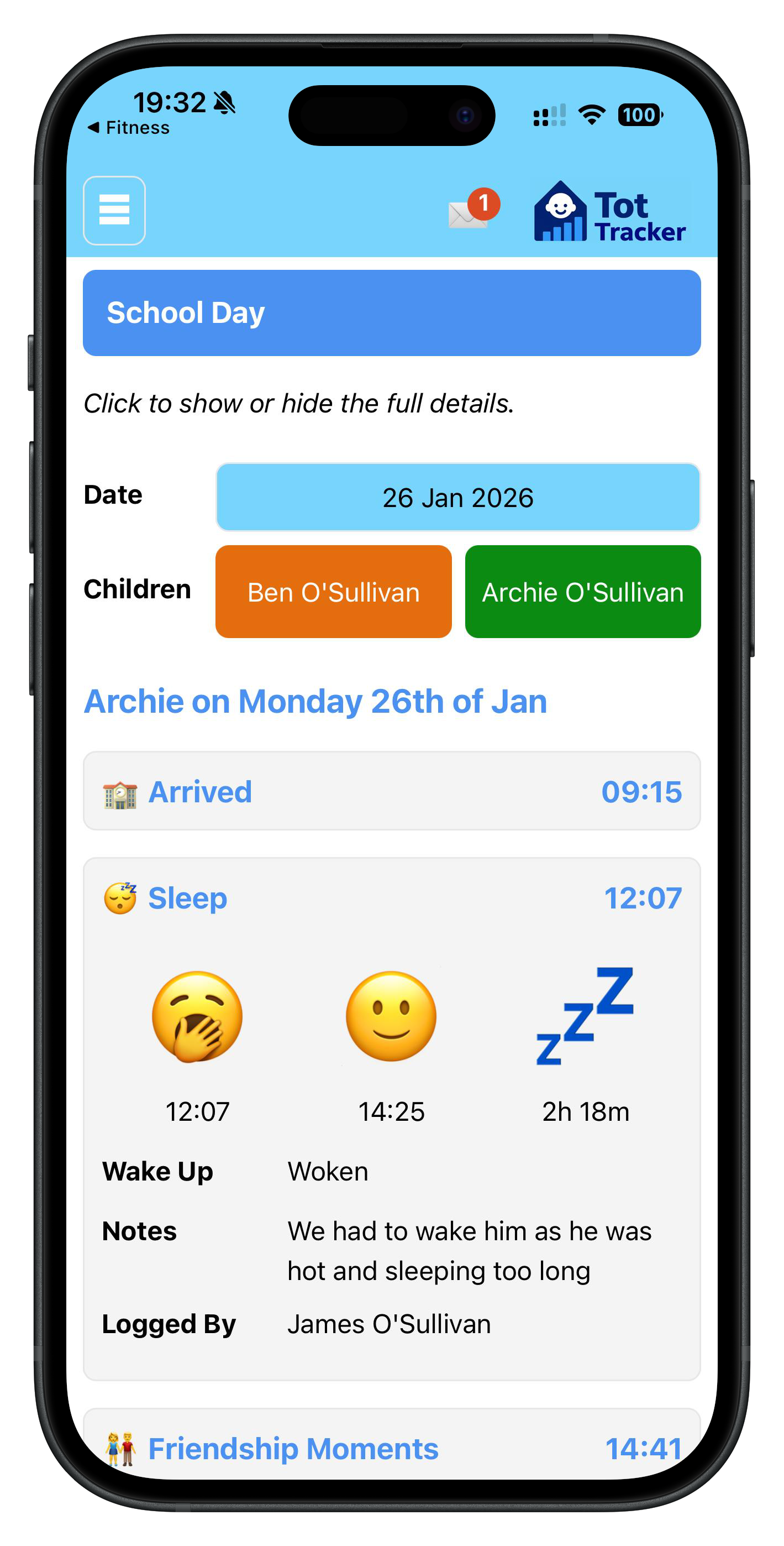Parent app displaying their child's sleep schedule and nap duration for the day