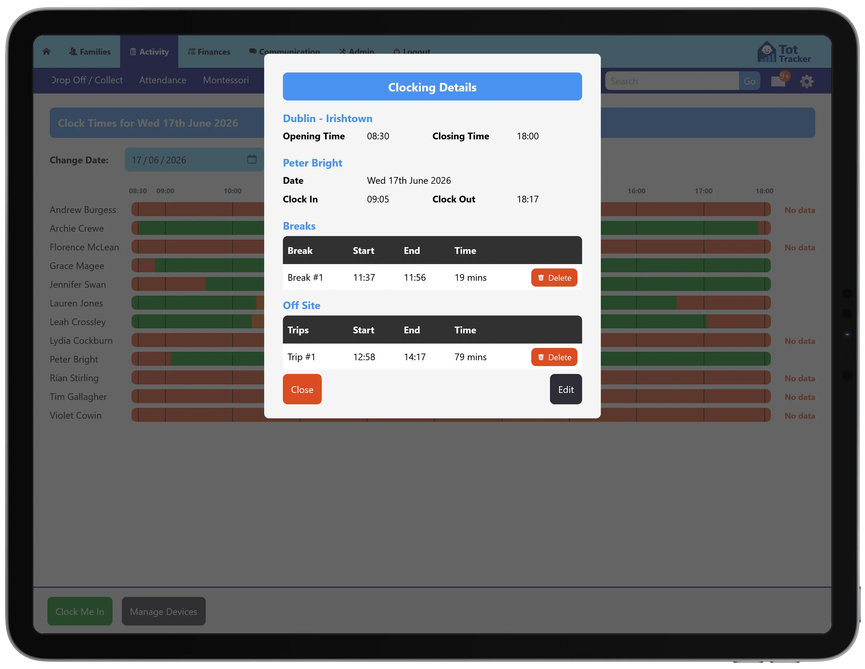 Clocking details for one staff member showing clock in, clock out, breaks and off-site trips