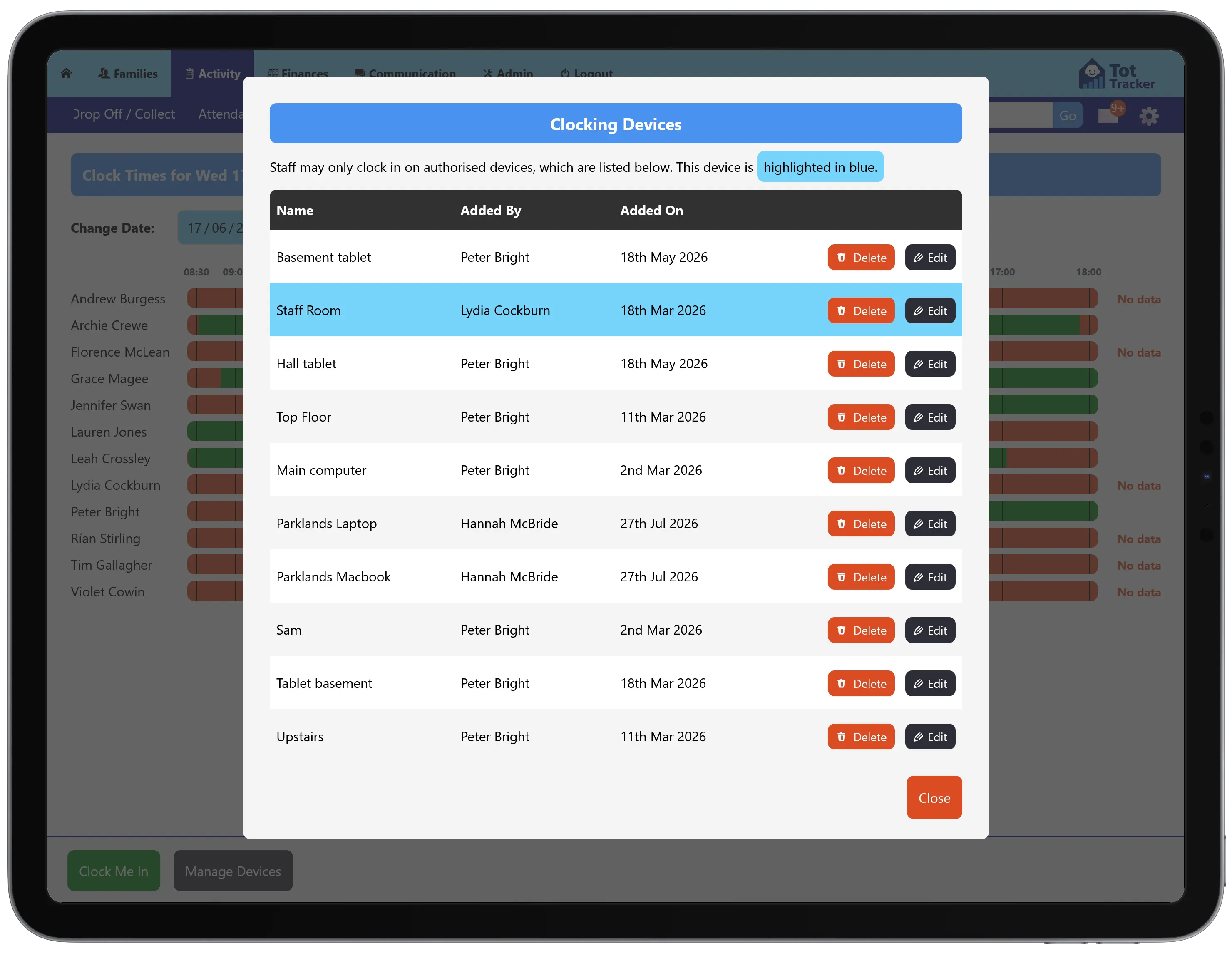 Clocking Devices list showing authorised devices and which one is currently in use