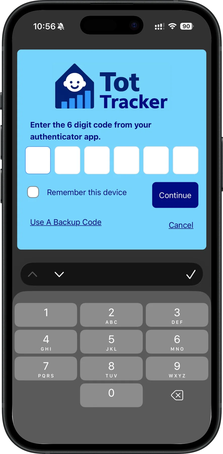 Tot Tracker sign in on an iPhone asking for the 6 digit code from an authenticator app