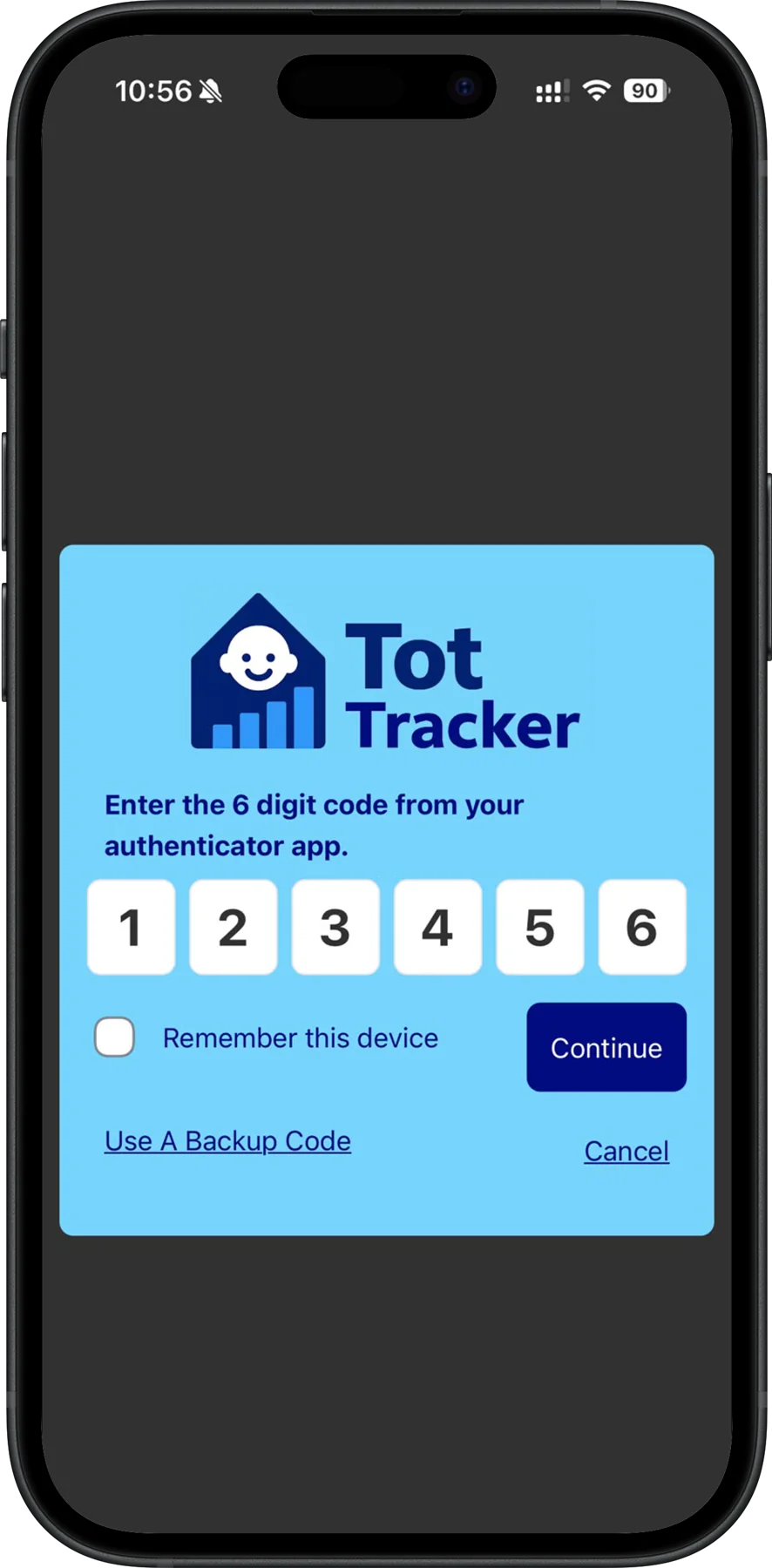 Tot Tracker sign in on an iPhone with the 6 digit verification code entered