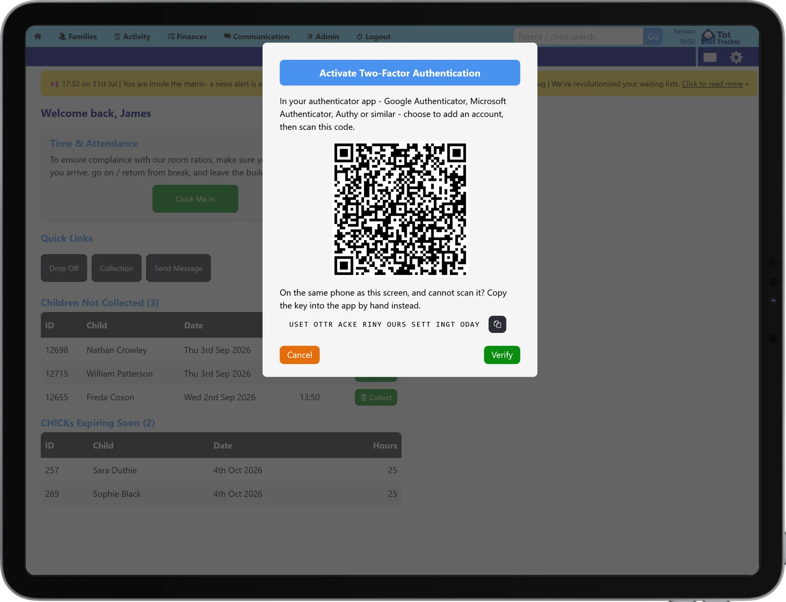 Setting up two-step login in Tot Tracker on an iPad by scanning a QR code with an authenticator app