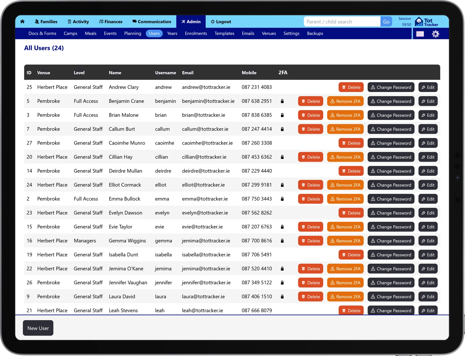 Tot Tracker users list on an iPad showing which staff accounts have two-step login active
