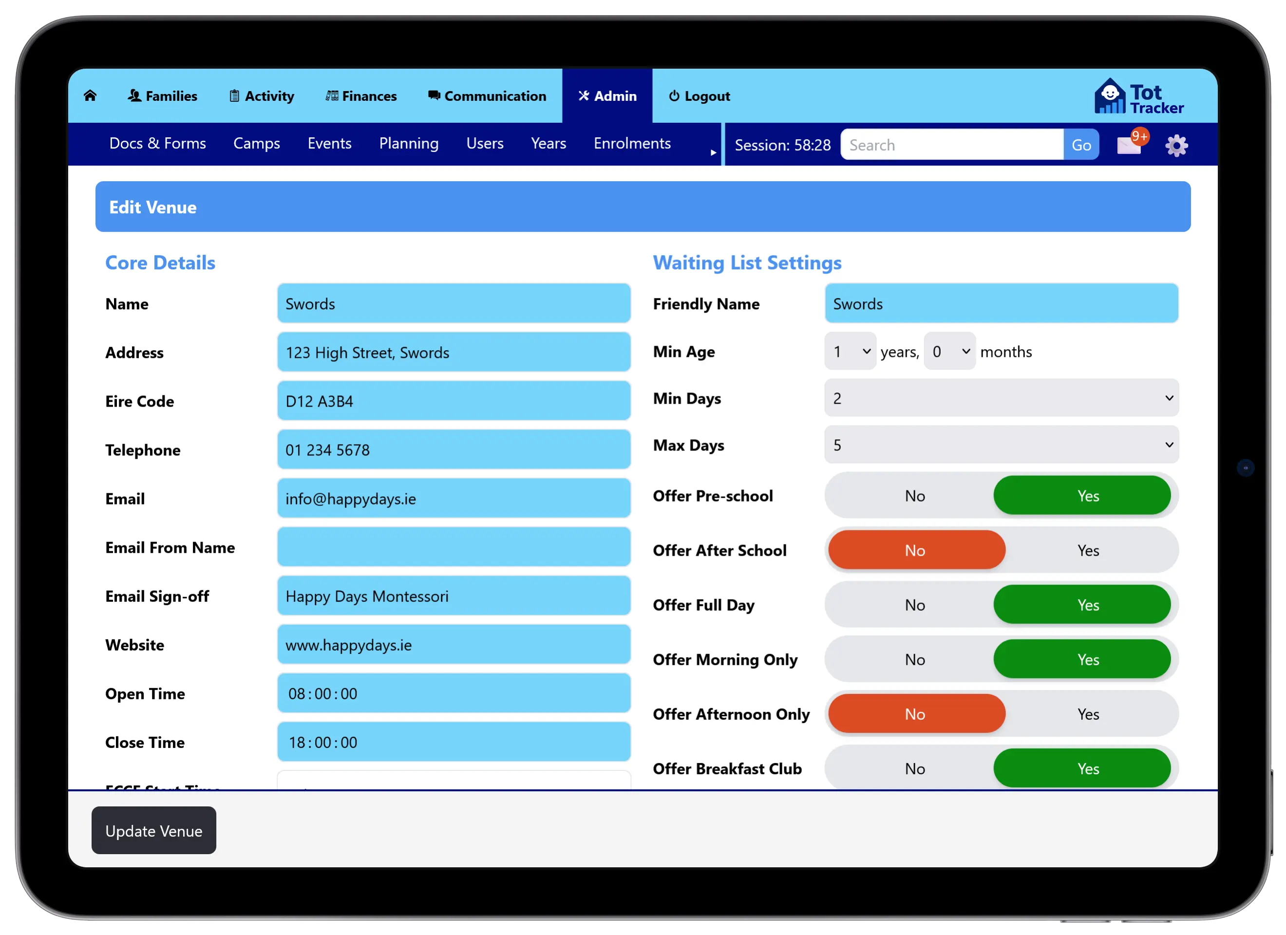Staff-side venue settings for configuring waiting list days, sessions and extras