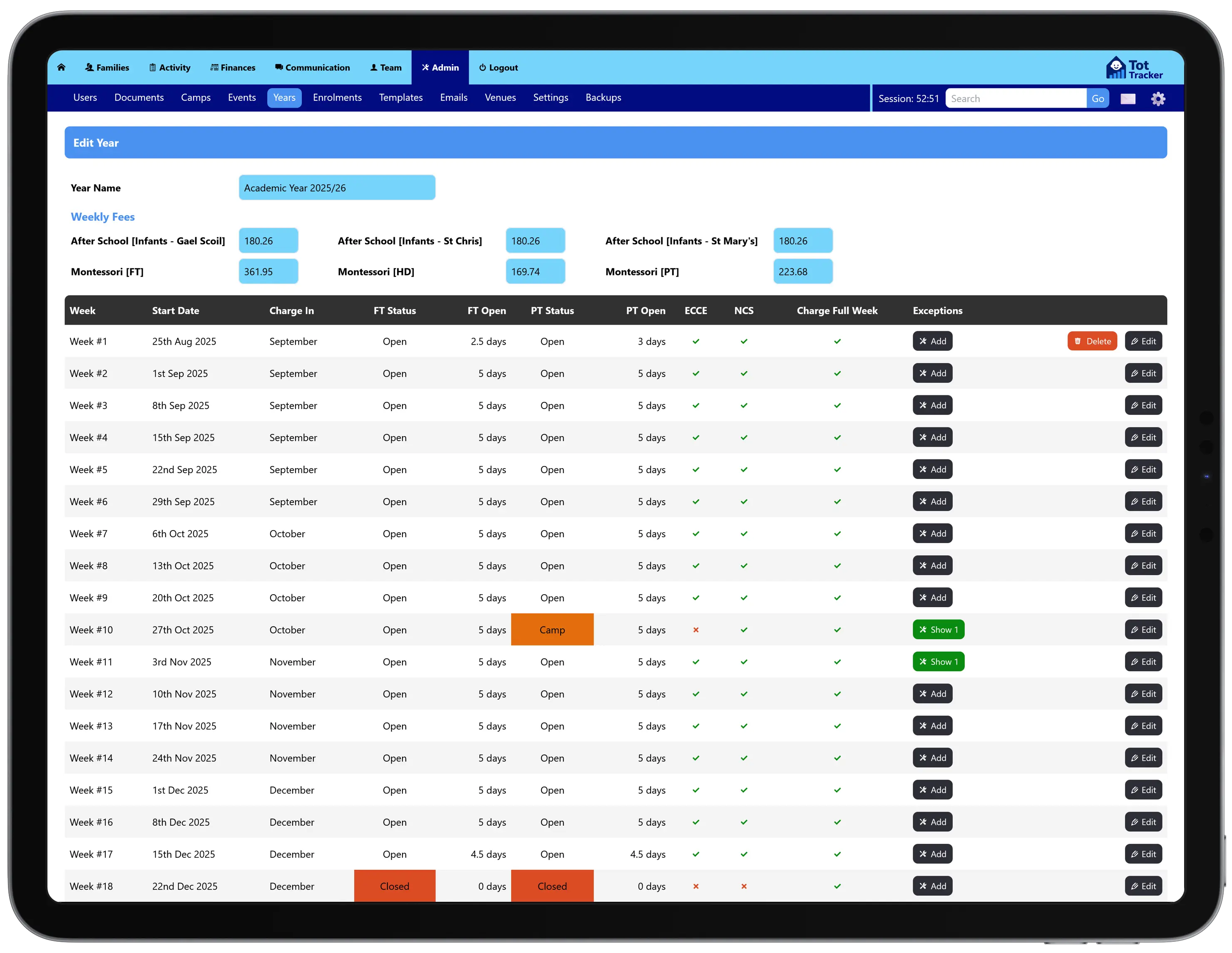 Year profile configuration showing open weeks, ECCE capitation periods, bank holidays and feeder-school term dates for Irish providers